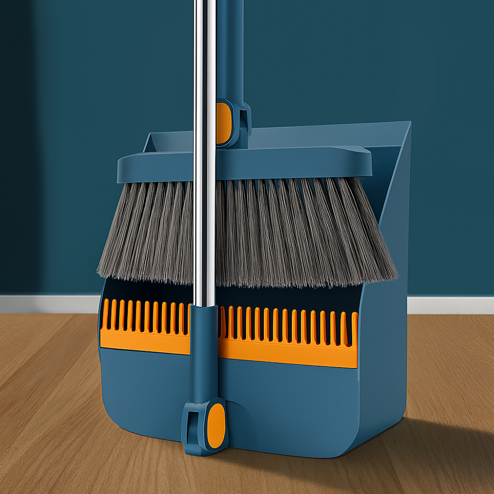Upright Broom & Dustpan Set | Long Handle Standing Broom with Self-Cleaning Dustpan for Home Floors