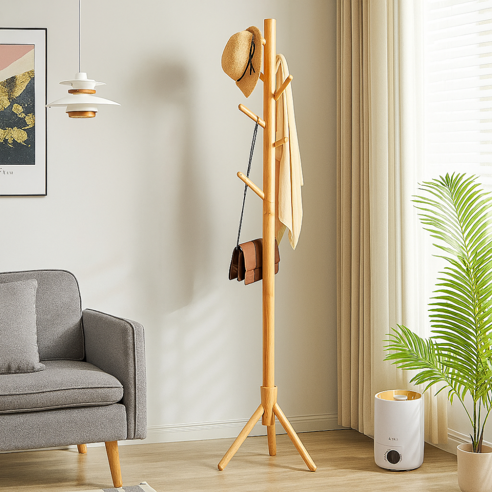 Wooden Coat Stand | Solid Wood Freestanding Coat Rack with Adjustable Hooks for Coats, Bags & Hats